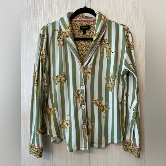 Room Service Leopard Pajama Top | Green & White Striped | Size S - Picture 1 of 5